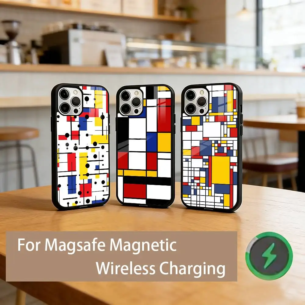 

M-Mondrian Aesthetic Phone Case For iPhone17,16,15,14,13,12,11 Plus,Pro Magnetic For Magsafe Wireless Charging