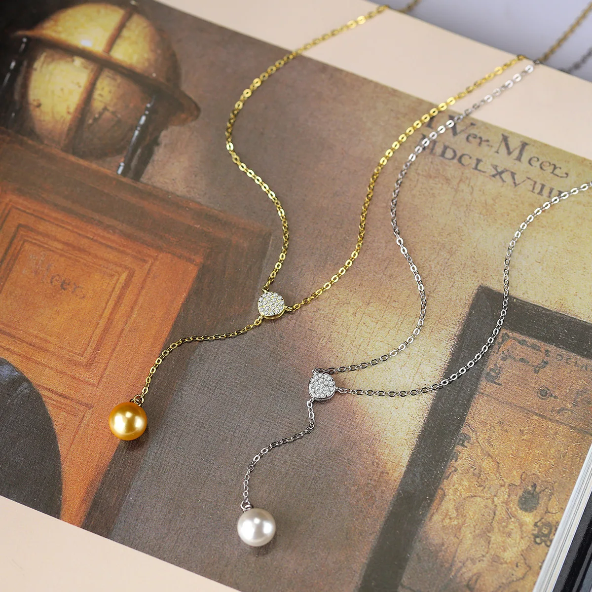 

S925 Sterling Silver Round Tassel Pearl Pendant Necklace with Inlaid Cubic Zirconia and Minimalist Ring Set