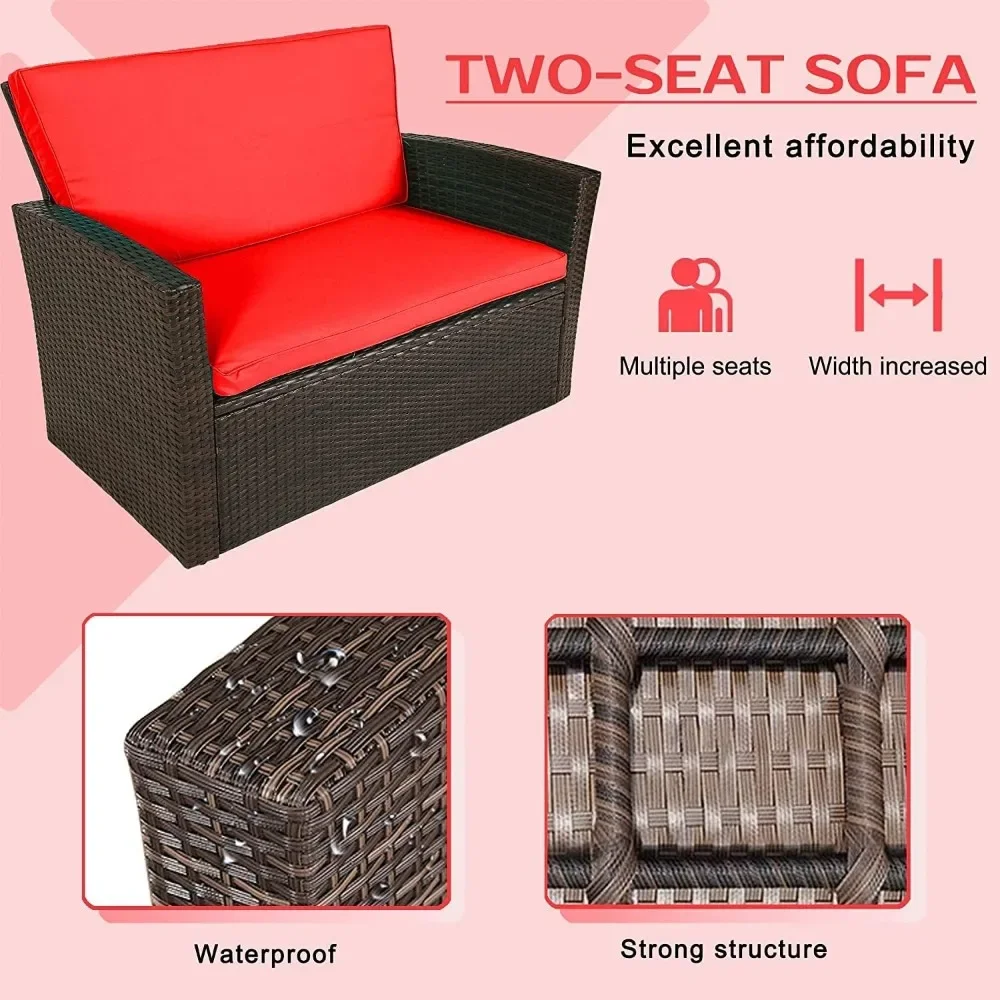 4 Pieces Patio Set, Outdoor PE Rattan Wicker Sofa Furniture Set with Soft Cushions and Glass Coffee Table ,Red Freight free