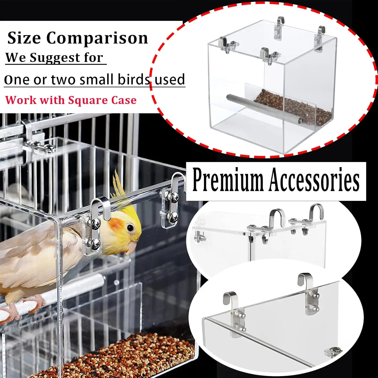 Practical Transparent Bird Automatic Feeder Spill-proof Cup with Hooks Parrot Food Box Hanging Acrylic Bird Feeder for Bird - view 3
