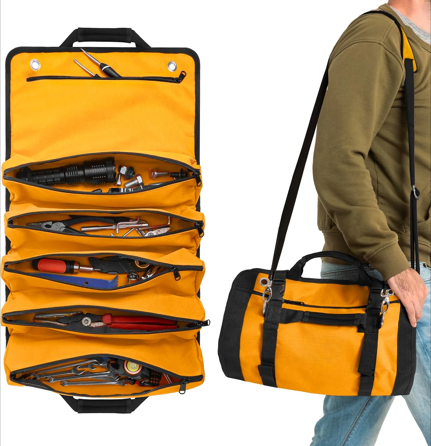 

Heavy Duty Tool Roll Bag Organizer - Travel roll up tool bag with 6 Zip Organizer Pouches - Compact Portable Tool Bags for Men