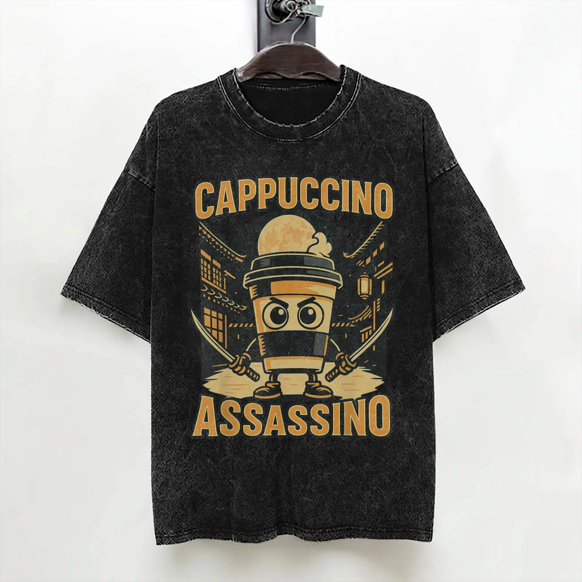 Italian Brainrot Cappuccino Assassino Washed T Shirts Streetwear Hip Hop T-Shirts  Tees for Men Women Short Sleeve Oversize