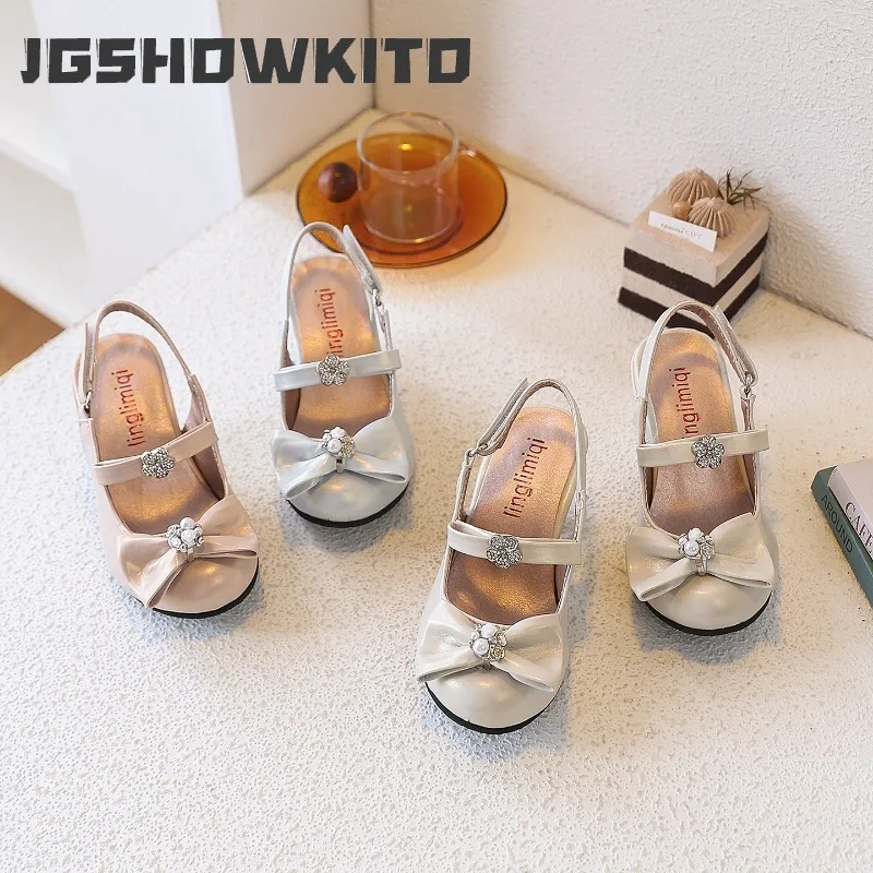 JGSHOWKITO Summer Children Rhinestone Slingback Shoes Princess Thin Heel Girl Party Dress Sandals Non-slip Kids Low Heel Sandals