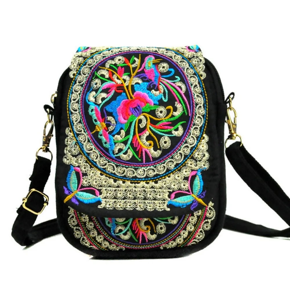 Embroidery Women Shoulder Bag Bilayer Canvas Vintage Floral Crossbody Bag Flip Cover Embroidered Mobile Phone Bag Women