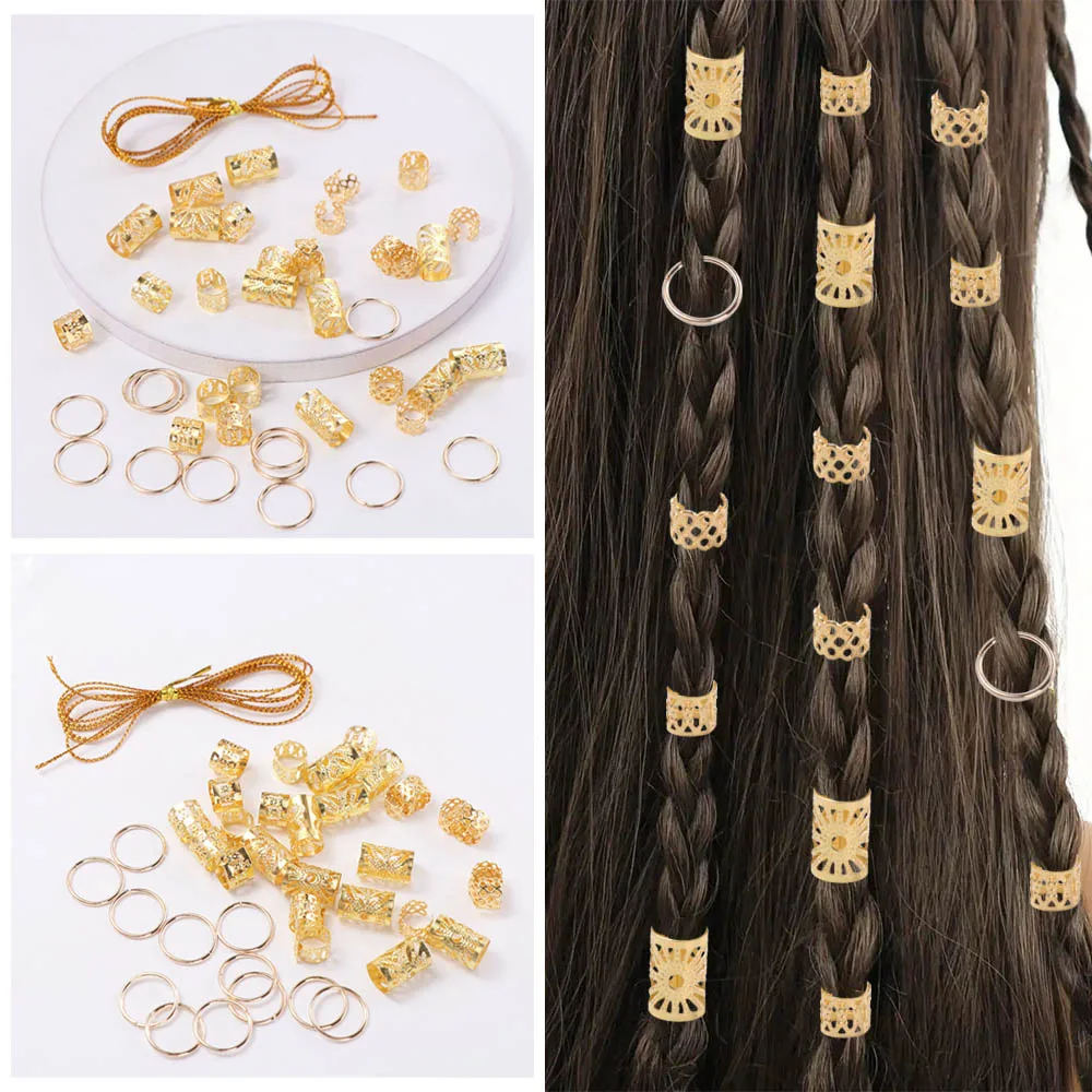 41 قطعة أقفال الرهبة الجوف خارج الشعر الدائري المعادن الكفة كليب الشعر تجديل المجدل الخرز أغطية الرأس الشعر حبل الشعر جديلة أنابيب النساء #4