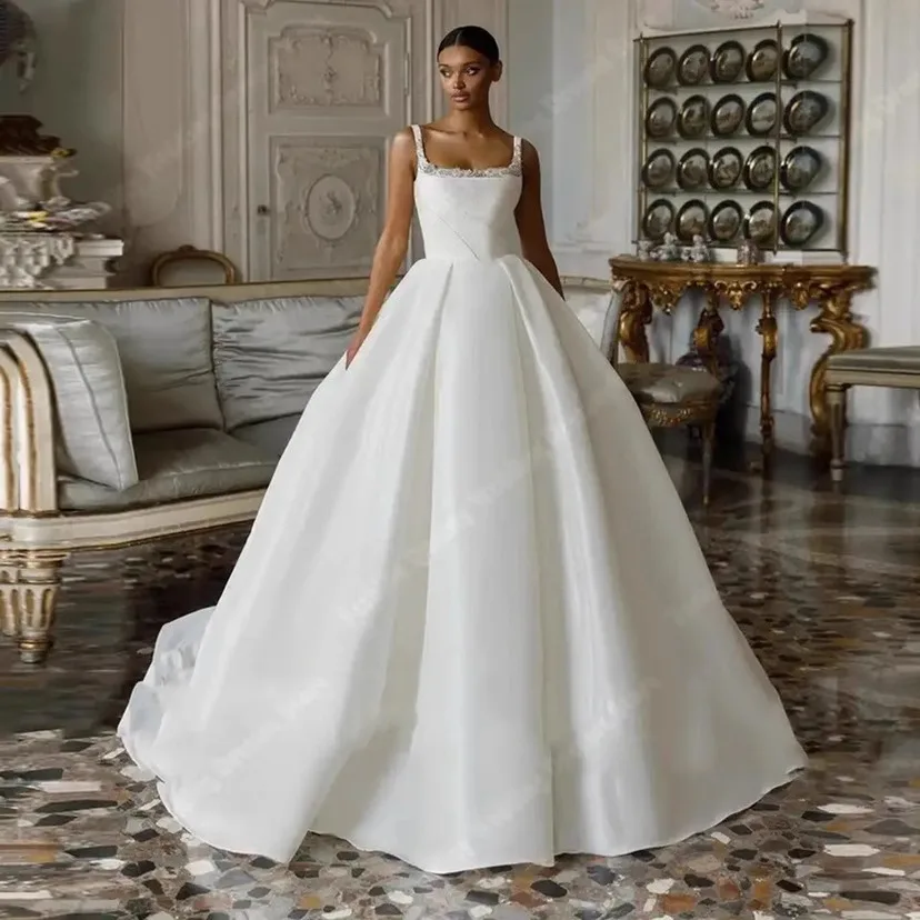 New Modern Wedding Dresses 2027 Square Neck Beads Pearls Backless Satin A-Line Bridal Bride Gowns Vestidos De Novia Customized