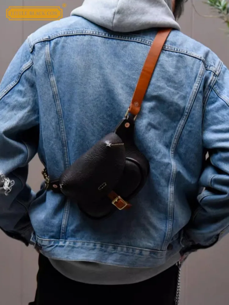 Męska wysokiej jakości ręcznie robiona skóra bydlęca mała pojedyncza torba na ramię projekt Retro torba na klatkę piersiowa unisex codzienne torby listonoszki