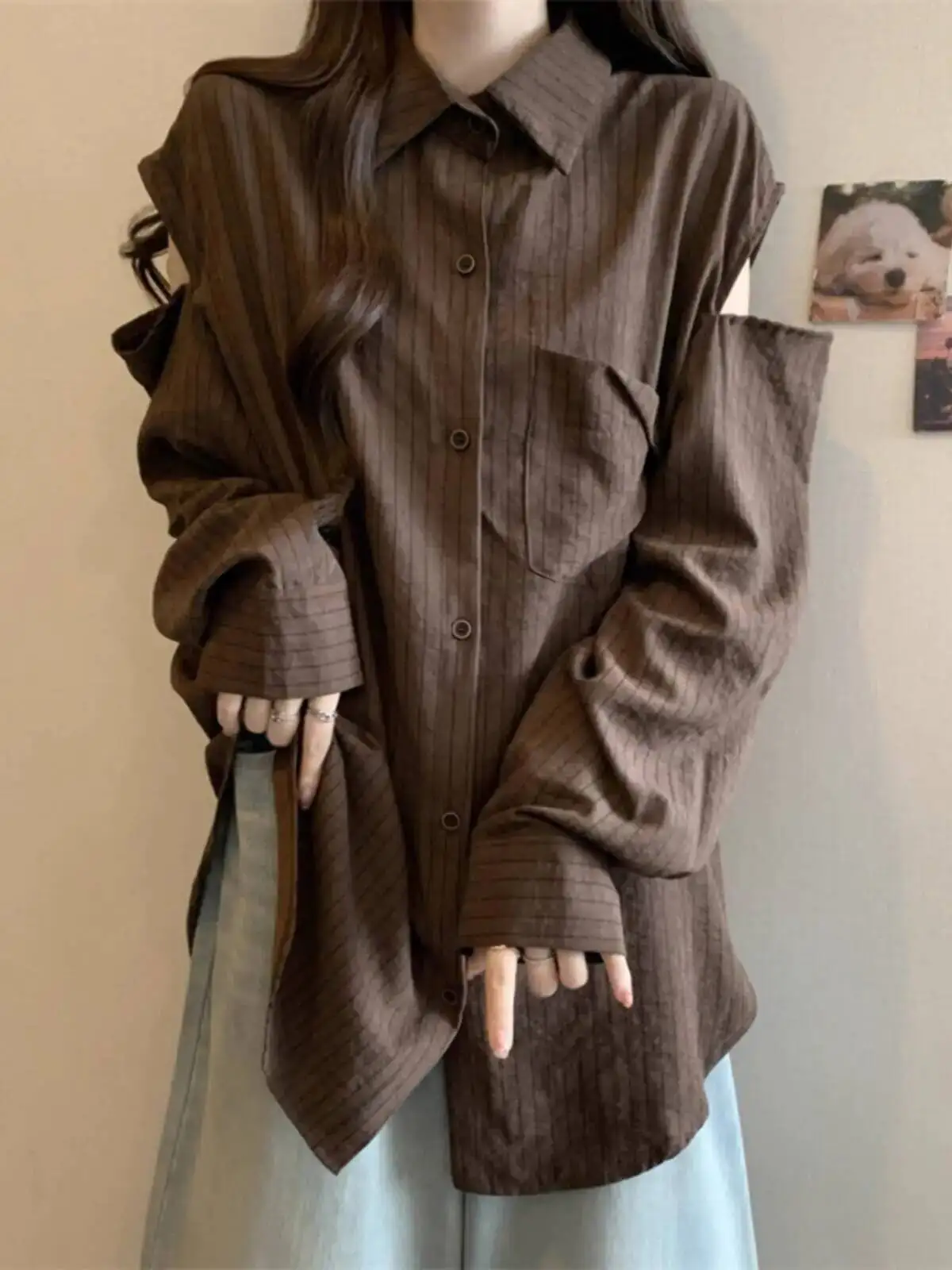 

Women's Plus Size Striped Long Sleeve Shirt Slim Fit Off Shoulder Chic Top Mid Length Design Blouse
