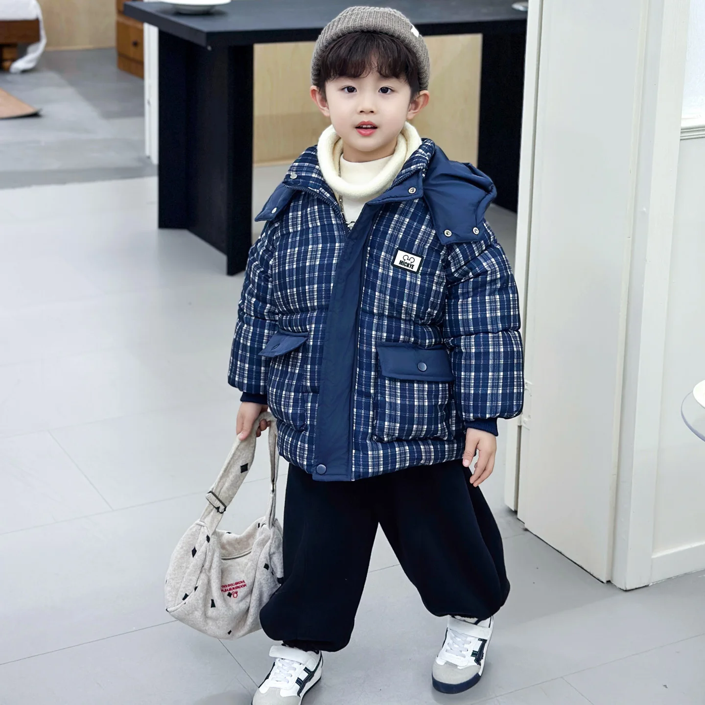 

Thiened down Cotton Jaet for Boys Winter Clothes Plaid Baby Boy's Warm Fce Lined Padded Coat Youth Trendy Home Use