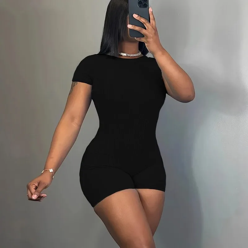 

GUWU Women's 2026 New Fashion Rompers Simple Round Neck Slim Fit Short Sleeved Sports Short Jumpsuit