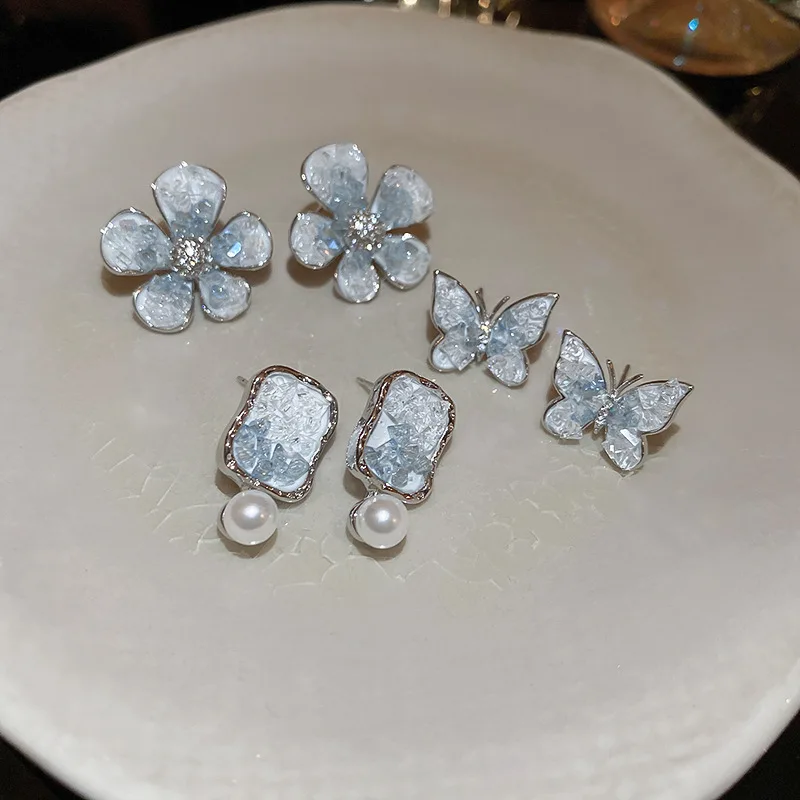 Minar Korean Style Multiple Gradient Color Irregular Crystal Flower Butterfly Square Geometric Dangle Earrings for Women Jewelry