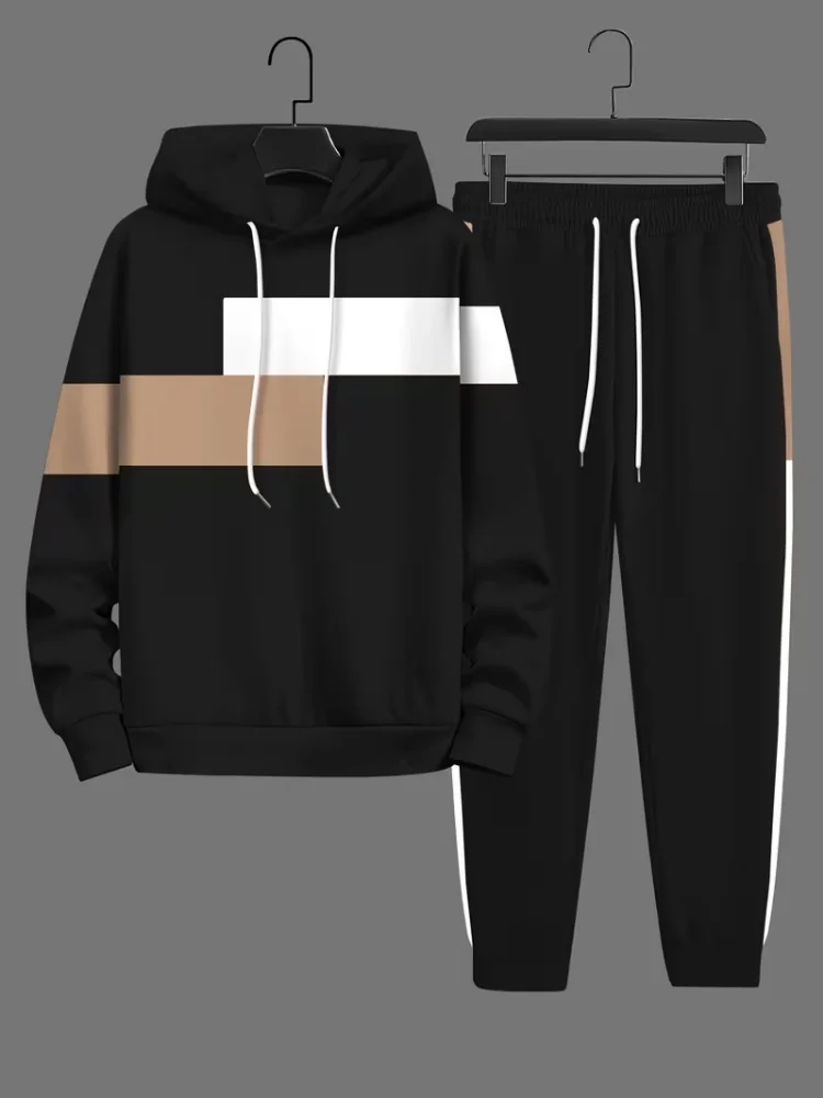 Mens 2 Piece Outfit Fashion Color Block Striped Hoodie And Jogger Pants Set Sweatshirt Tracksuit Casual Athletic Suit For Men