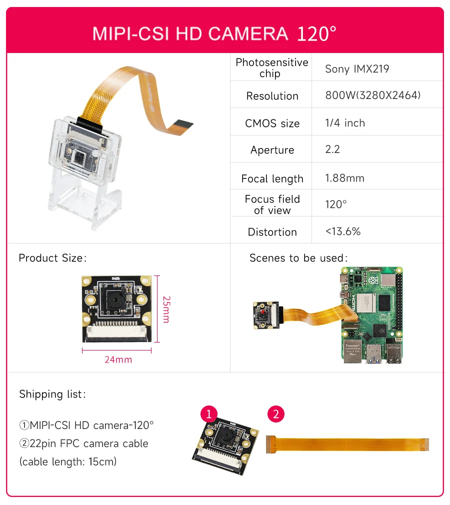 Himbeer Pi 5 Kamera modul mit 8mp imx219 Chip 77 ° 120 ° 160 ° Fov zur Auswahl mit hochwertiger Acryl halterung 22pin-fpc Kabel – Detail 7