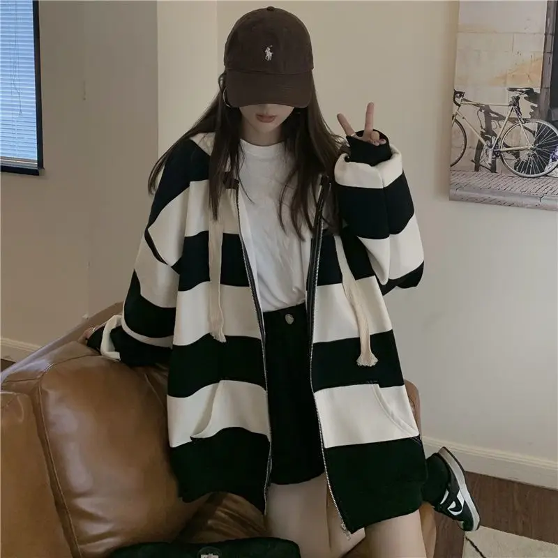 Hoodies Women Loose Sporty Design Striped Simple All-match Autumn Leisure Students Daily Ladies Sweet Basic Stylish Cozy Classic