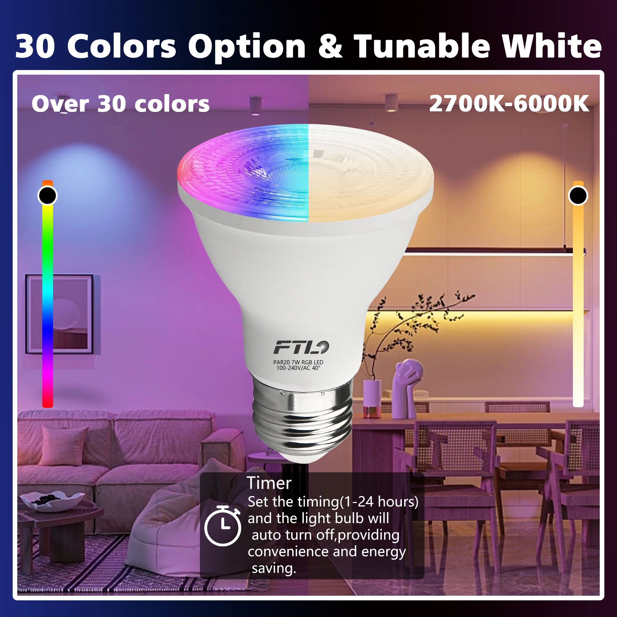 PAR20 LED Bulbs RGB Color Changing Light Bulbs with Remote Control 2700K-6000K 7W Dimmable 30 Colors Timer Flood Light 6-Pack