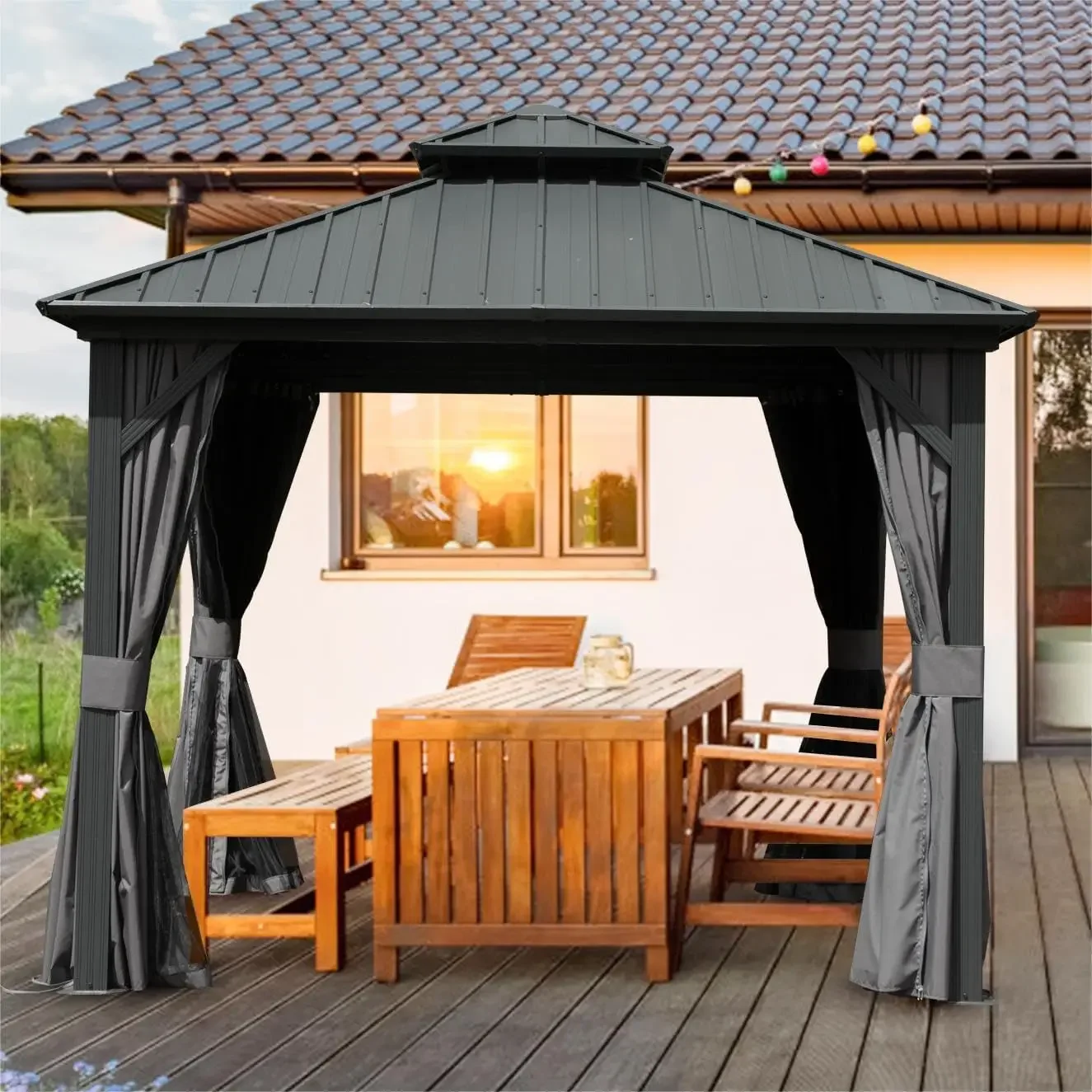 Curtains and Netting Included, Metal Gazebo Permanent Pavilion for Patio, Lawn, Garden, Gray