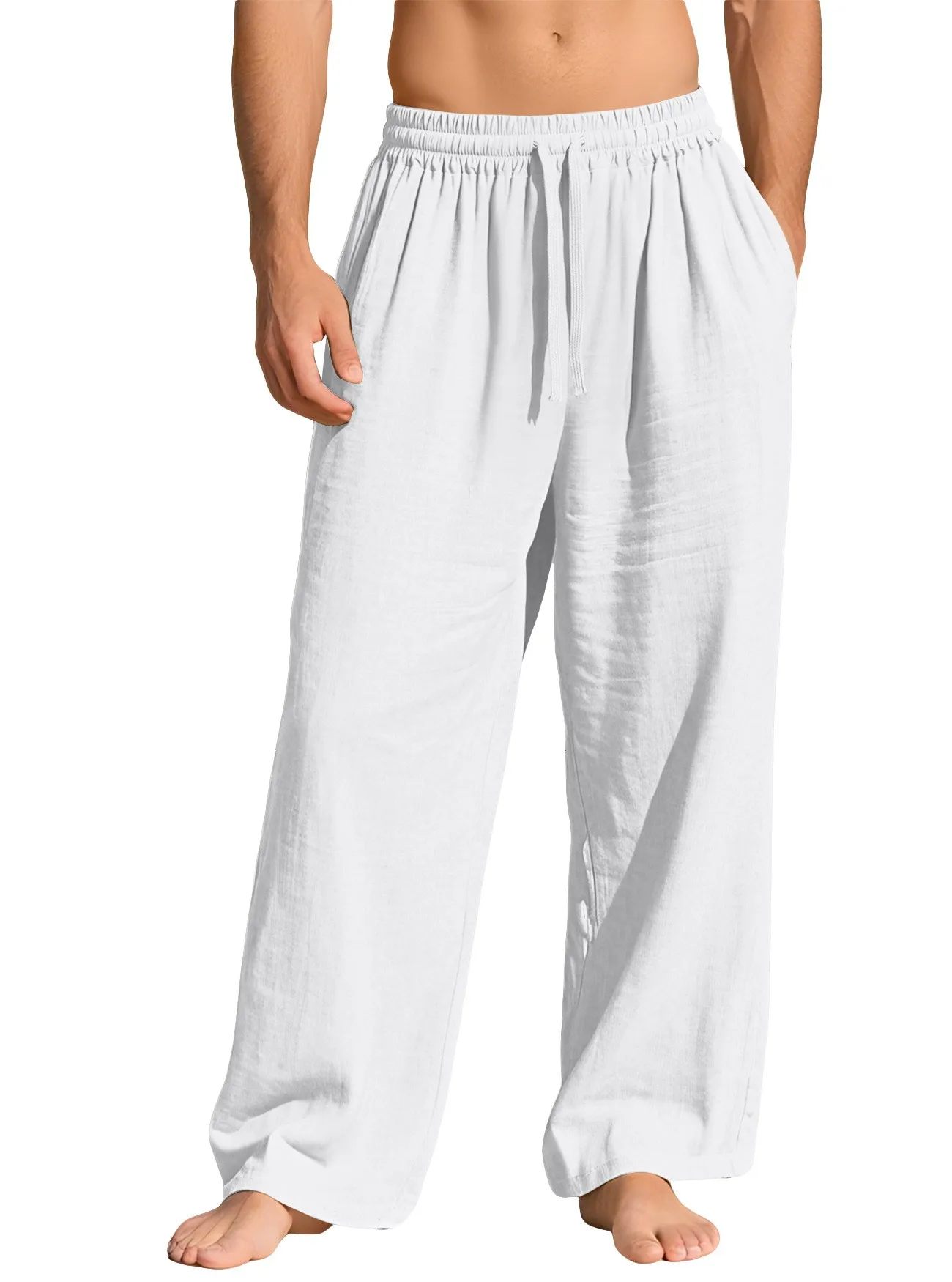 

Men's Summer Linen Blend Wide Leg Pants, Casual Drawstring Waist Loose Fit Beach Trousers, Breathable Lightweight Daily Wear
