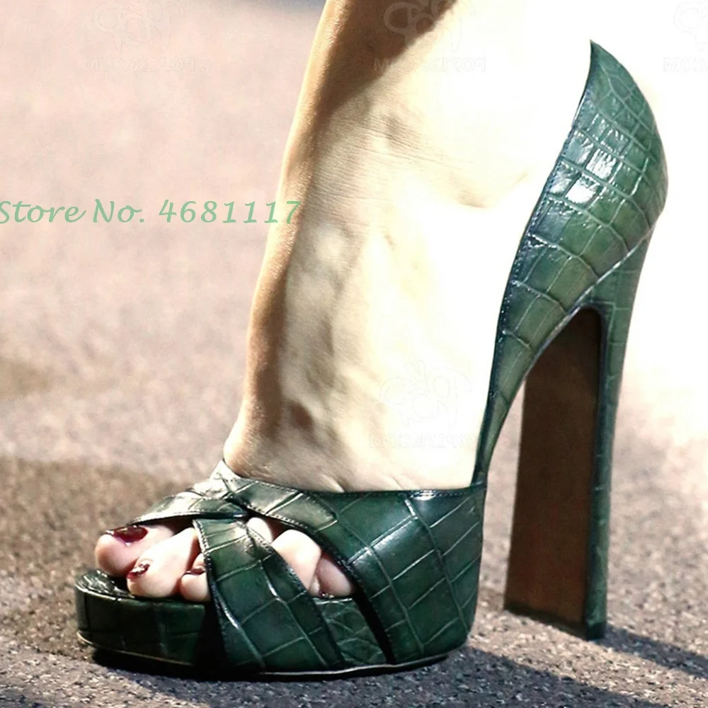 Green Platform Print Women Pumps Peep Toe Fashion Chunky Heels Designer Leather Pumps Slip On Super High Heel Dress Spring Shoes