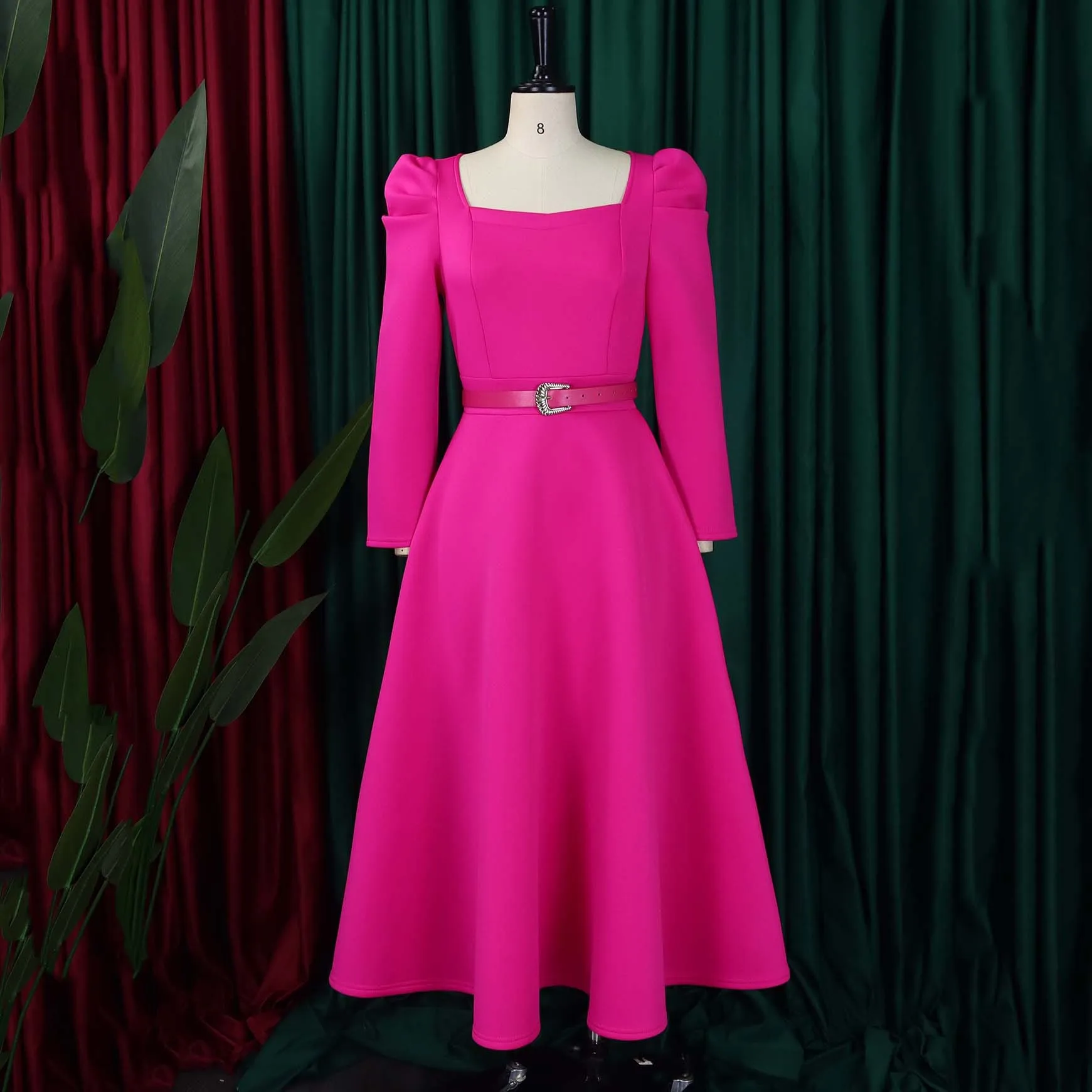Elegant Dresses for Women Square Neck Full Sleeve Belt Waisted A Line Ankle Length Luxury Female Birthday Party Dinner Dress Hot