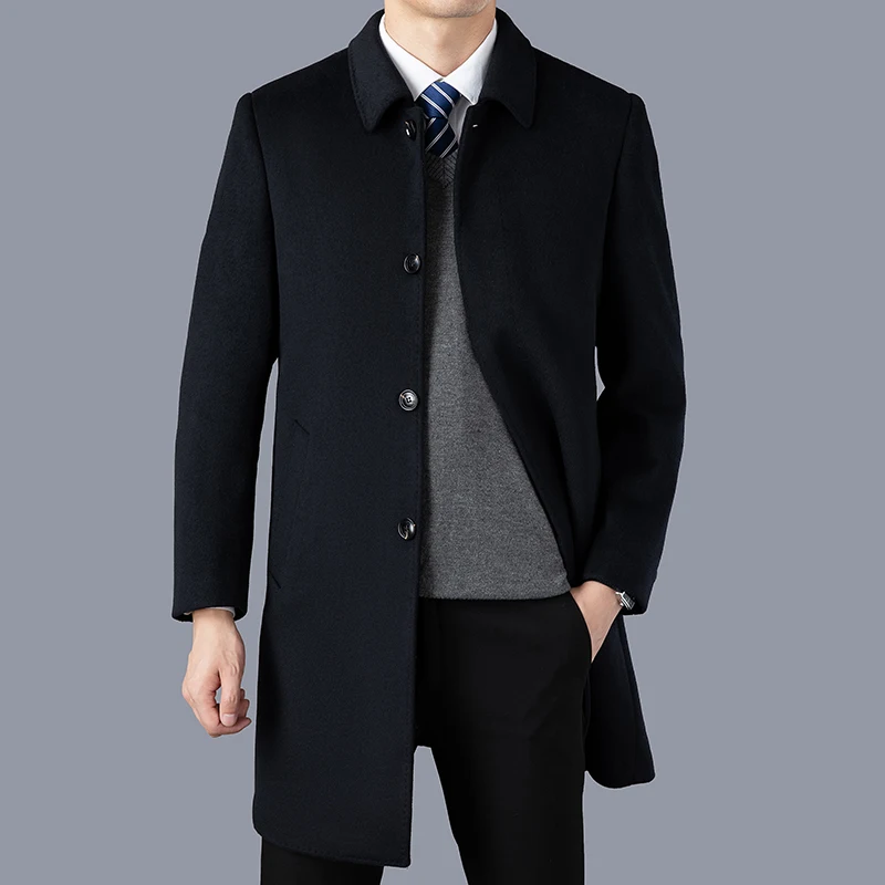 High Quality Winter Men\'s Woolen Coats Black Thicken Mid-Length Wool Windbreak Business Casual Warm Overcoat Outwear Long Jacket