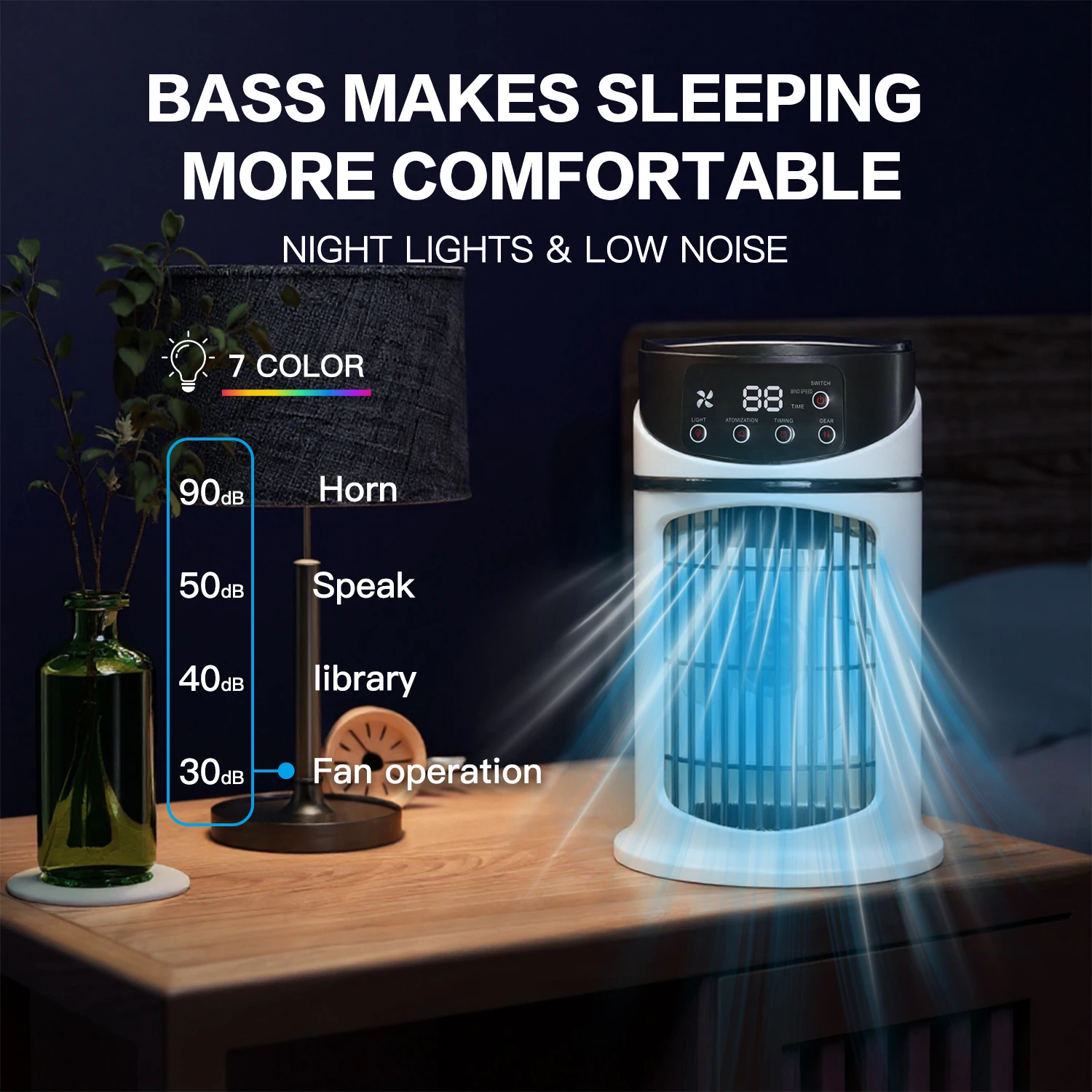 محمول 2 في 1، مرطب ومروحة، تبريد سريع، USB، شاشة رقمية، كريستال ثلجي، أبيض، للمنزل والمكتب