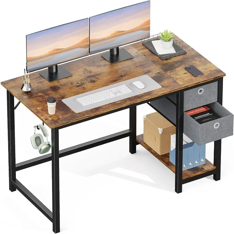 

Computer Desk with Drawers 48 Inch Office Bedroom Kids Writing Work Study 2-Tier Storage Drawers & Shelf Simple Modern Wood