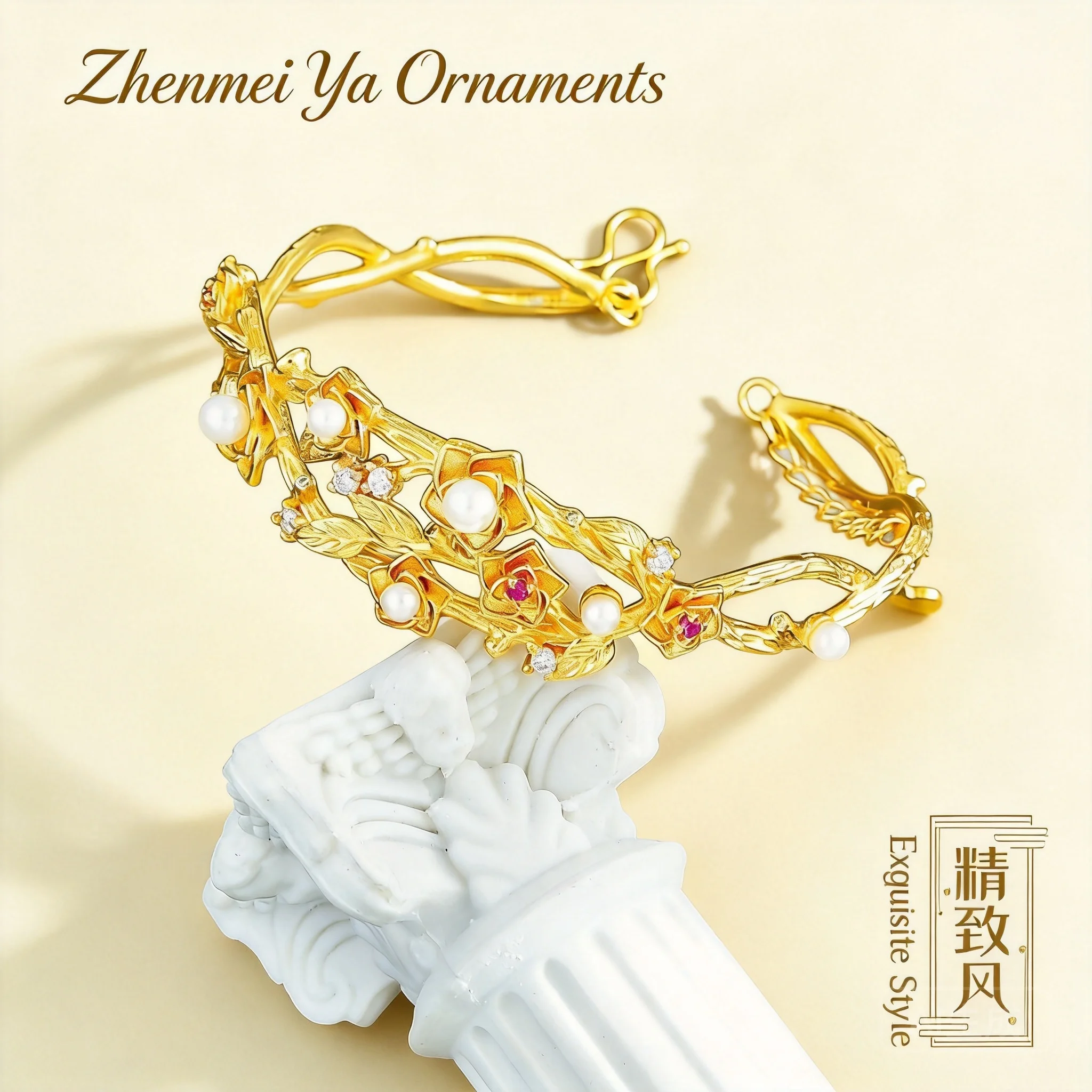 

Chinese Style Lucky Gold Plated Rose Flower Pearl Inlaid Hollow Twig Bangle Bracelet For Women Good Fortune Blessing Jewelry For