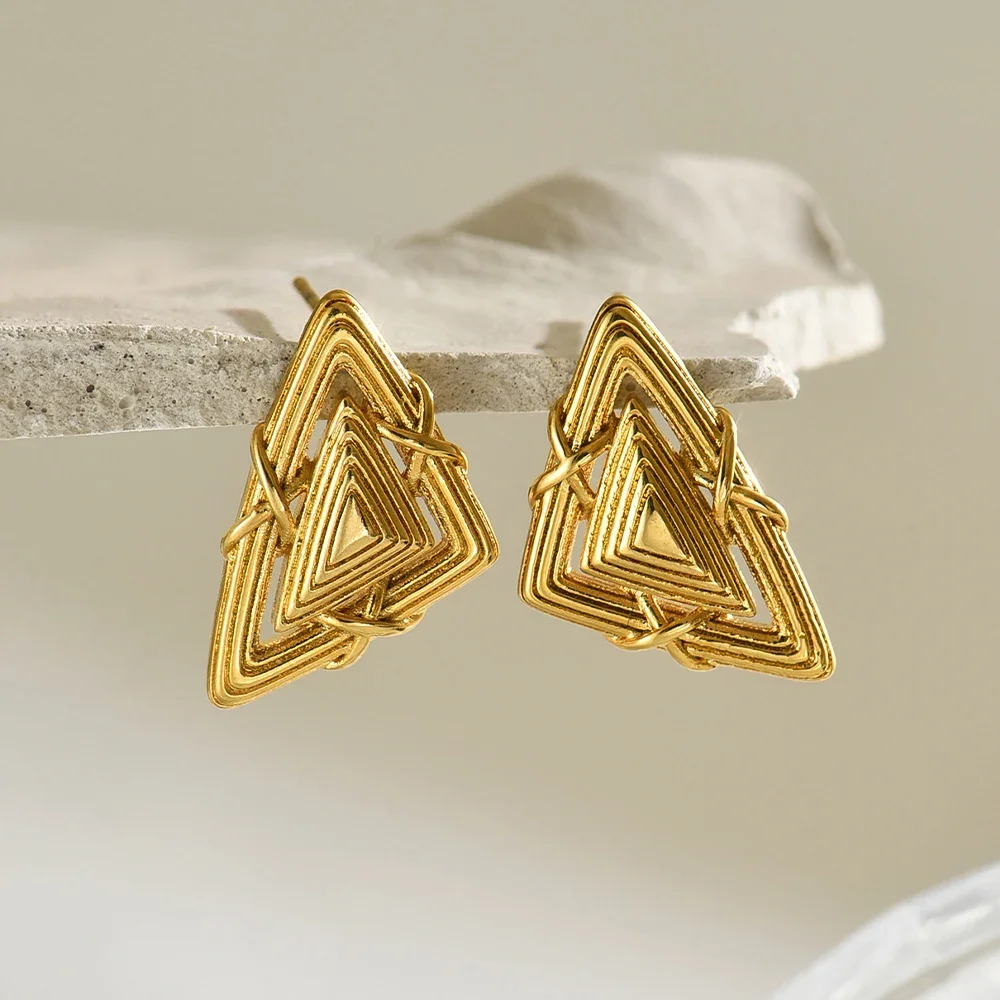 Unique Design Metal Striped Texture Triangle Stud Earrings Stainless Steel Waterproof Geometric Earring Statement Jewelry Bijoux