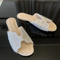 Shiny Faux Pearl Detail Flat Sandals Women Summer Fashion Open Toe Outside Beach Shoes Woman Casual Comfortable Flats Slippers