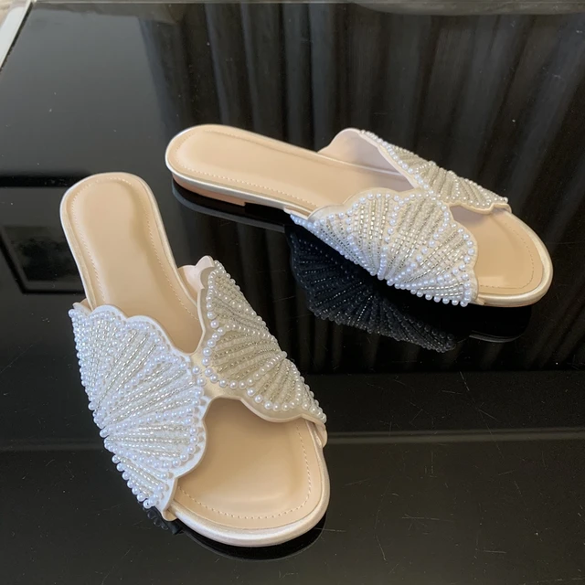 Shiny Faux Pearl Detail Flat Sandals Women Summer Fashion Open Toe Outside Beach Shoes Woman Casual Comfortable Flats Slippers