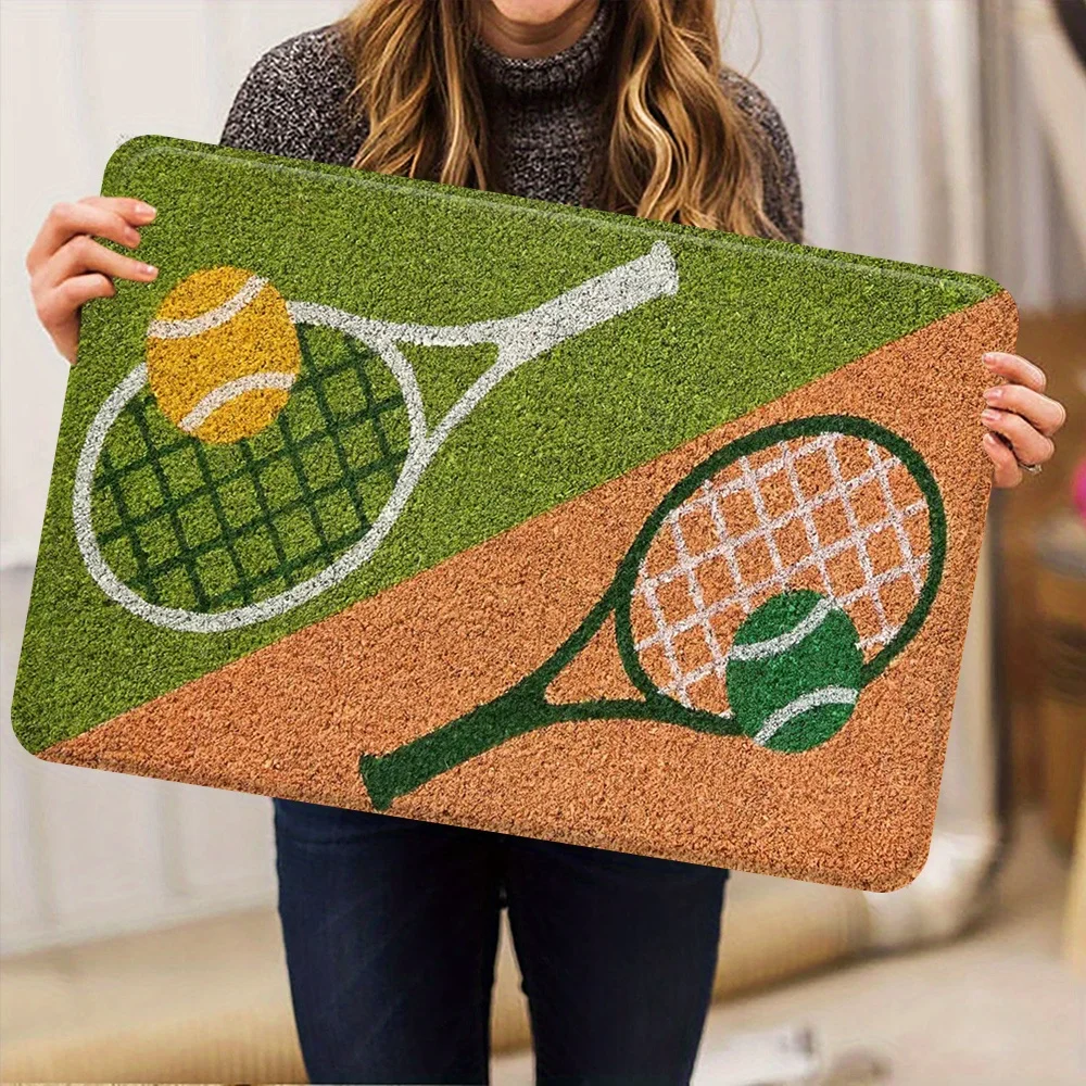 2D Flat Tennis Racket Ball Green Orange Court Pattern Flannel Door Mat Non Slip Sports Theme Rug For Entryway Porch Floor Decor