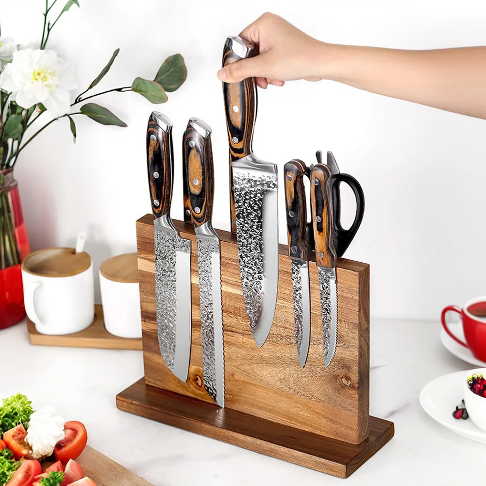 

Magnetic Knife Block Double-Sided Wooden Knife Holder Knife Display Rack for Kitchen Counter Multifunctional Storage