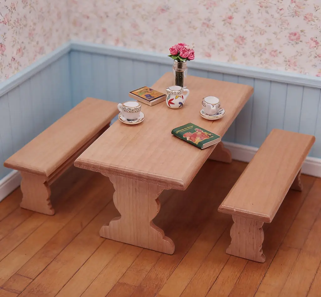 

1:12 Dollhouse Miniature Wooden Dining Set - Natural Wood Table & Benches, Micro Furniture Model for Doll House Restaurant Scene