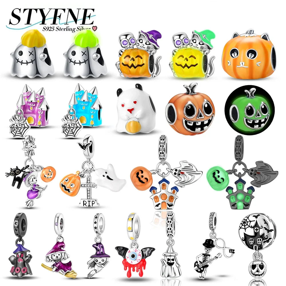 

925 Silver Luminous Charms Magic Pumpkin Ghost Castle Skull Beads Pendants Fit Diy Original Bracelet Theme Party Accessories