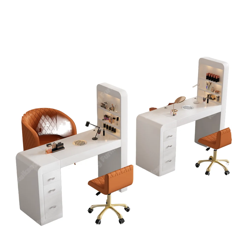 Red Nail Desk and Chair Set Workshop Salon Furniture Easy to Clean Double Unit