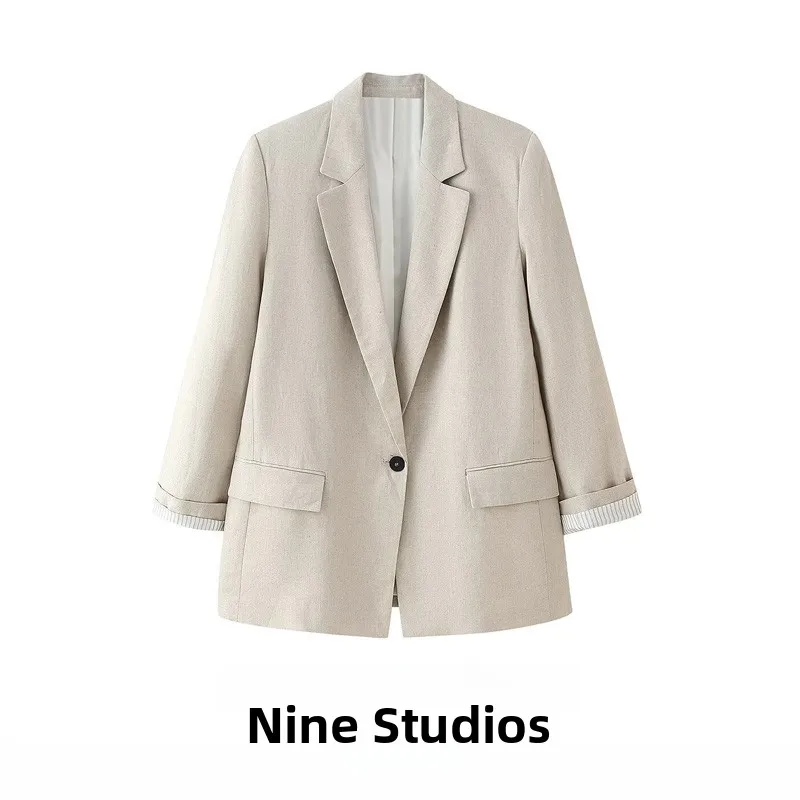 

Casual Linen Suit Jaet Loose Long Sve Printed Cuff Women's Faion Outerwear Comfortable Fit Classic Sle Color