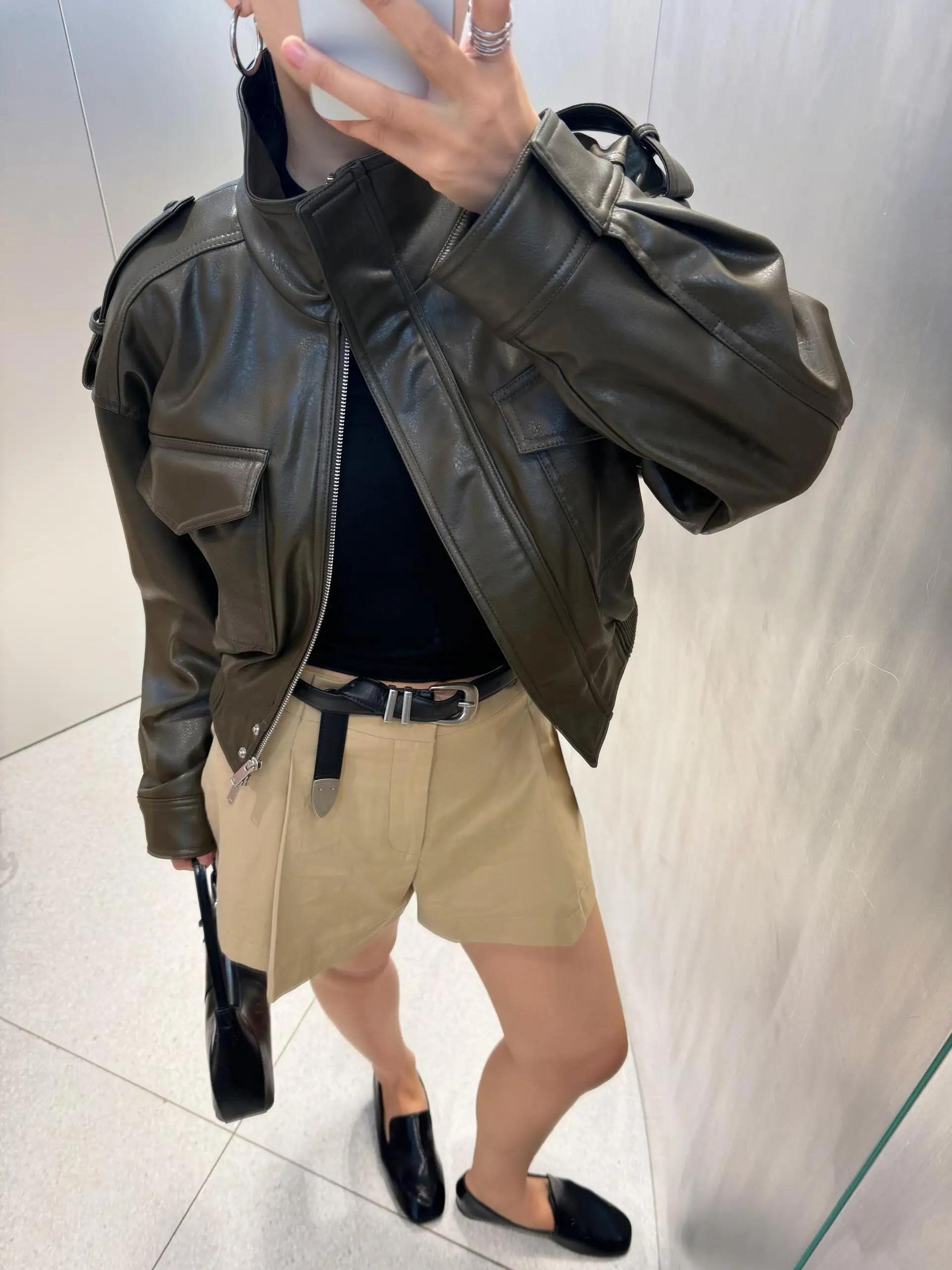 Damska kurtka skórzana, luźny krój, długi rękaw, stójka, styl pilotka, płaszcz sportowy, nowość na jesień, modna odzież damska.