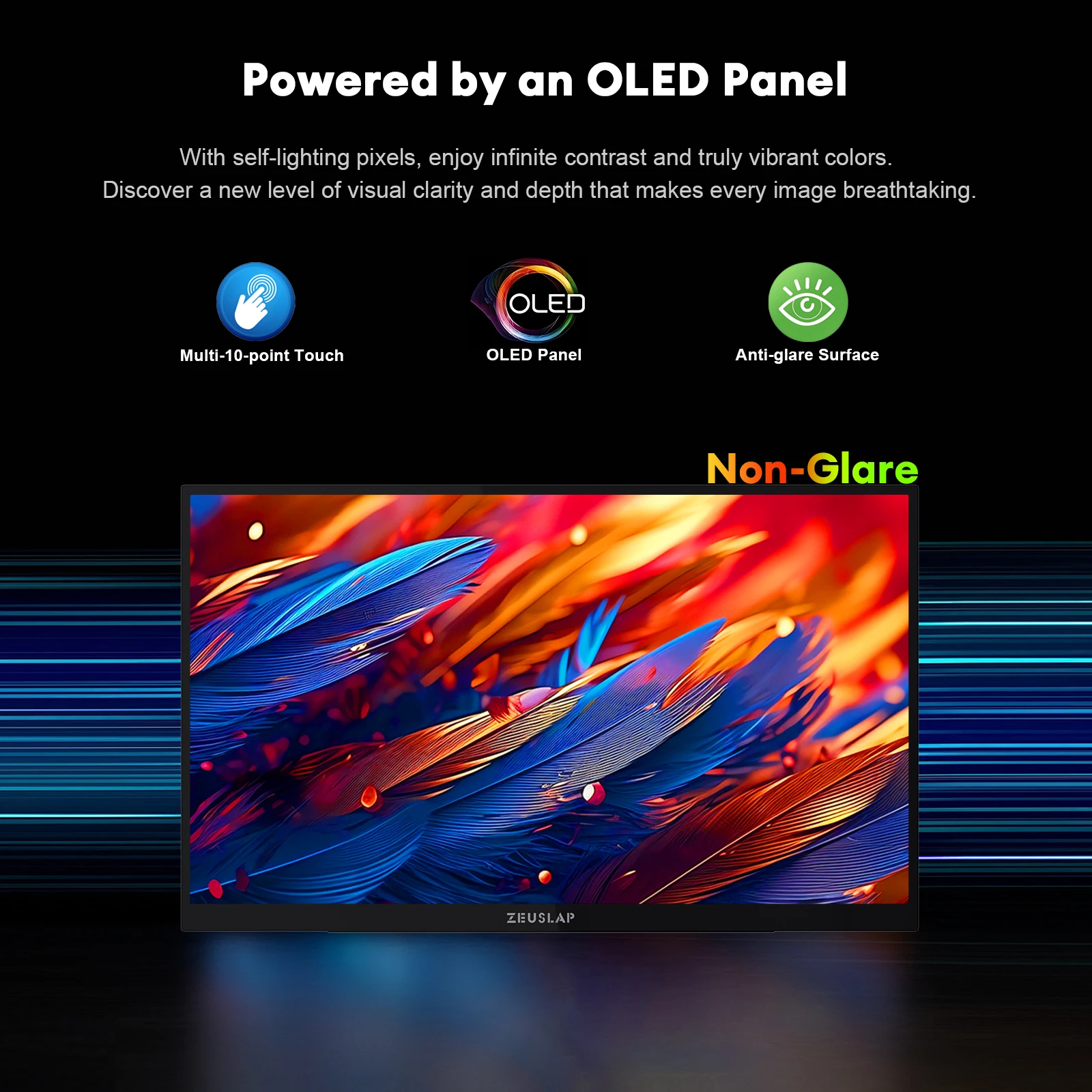 شاشة ZEUSLAP مقاس 13.3 بوصة OLED مضادة للوهج تعمل باللمس لهاتف DeX، Switch، PS5، شاشة ثانية للكمبيوتر المحمول مع مسند