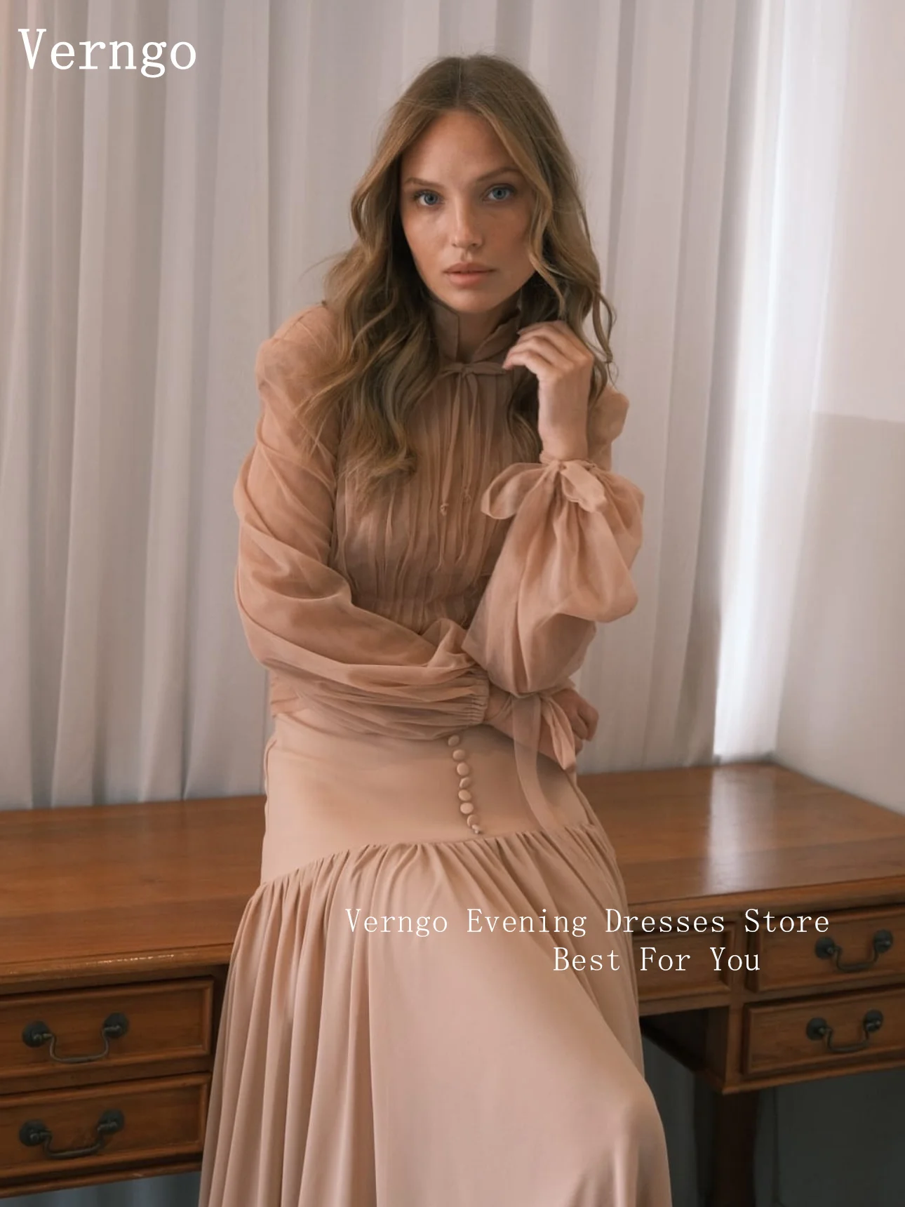 Verngo Pink Chiffon Evening Dress O Neck Full Sleeves A Line Pleated Formal Occasion Dresses Women Modest Prom Gowns Customized