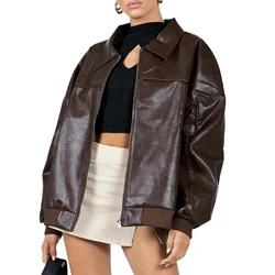 Vrouwen Pu Lederen Bikerjack Mode Casual Lange Mouwen Zip up Uitloper Herfst Winter Oversized Jas Jassen Streetwear