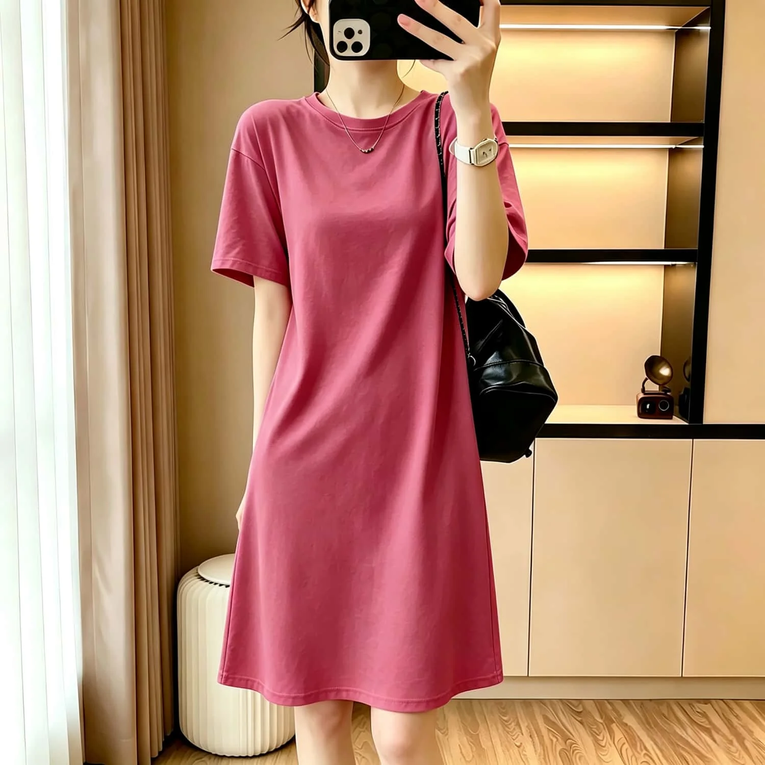 Casual Loose Long T-Shirt Dress Women's Knee-Length Straight Tube Dress Summer Fashionable Short-Sleeve Printed Dress
