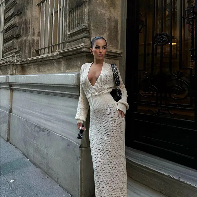 بلون مثير متماسكة قطع عطلة الشاطئ فساتين طويلة غير رسمية المرأة 2025 الصيف مثير الخامس الرقبة طويلة الأكمام Bodycon فستان ماكسي #1