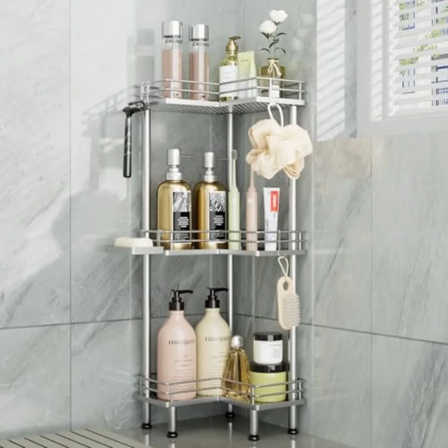 

Corner Shower Caddy Standing - Stainless Steel Shower Organizer with Soap Holder and Hooks Large Capacity Corner Shelf Stand fo