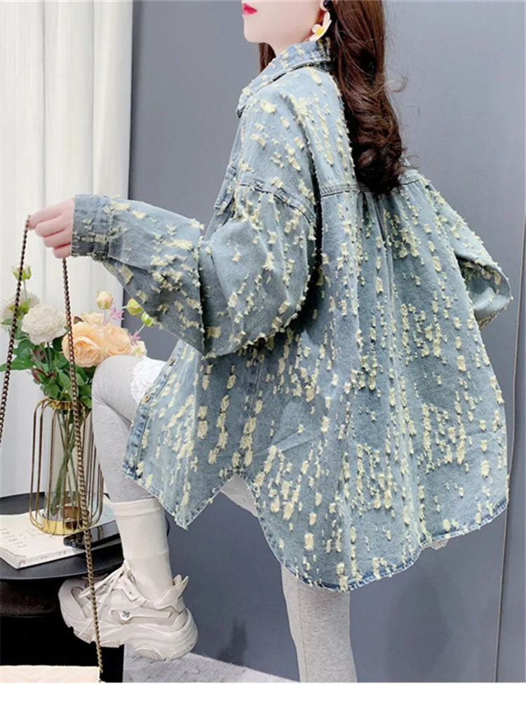 

Spring Autumn Denim Shirt Women 2026 New Fashion Loose Casual Sense Of Design Hole Denim Shirt Jacket Coats Female Outerwear