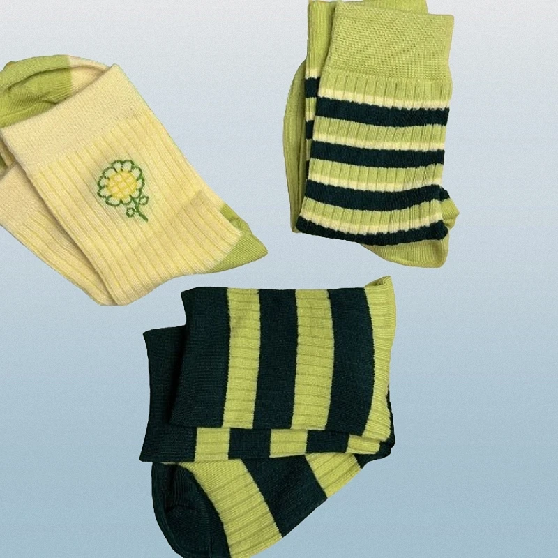 2024 New Fashion 3/6/12 Pairs Green Striped Socks Women's Mid-tube Socks Contrast Color Small Flower All-match Long Socks