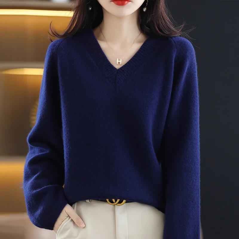 2023 Autumn And Winter New Solid Color V-Neck 100% Pure Wool Sweater Women\'s Loose Knitted Bottoming Long-Sleeved Sweater JQ143