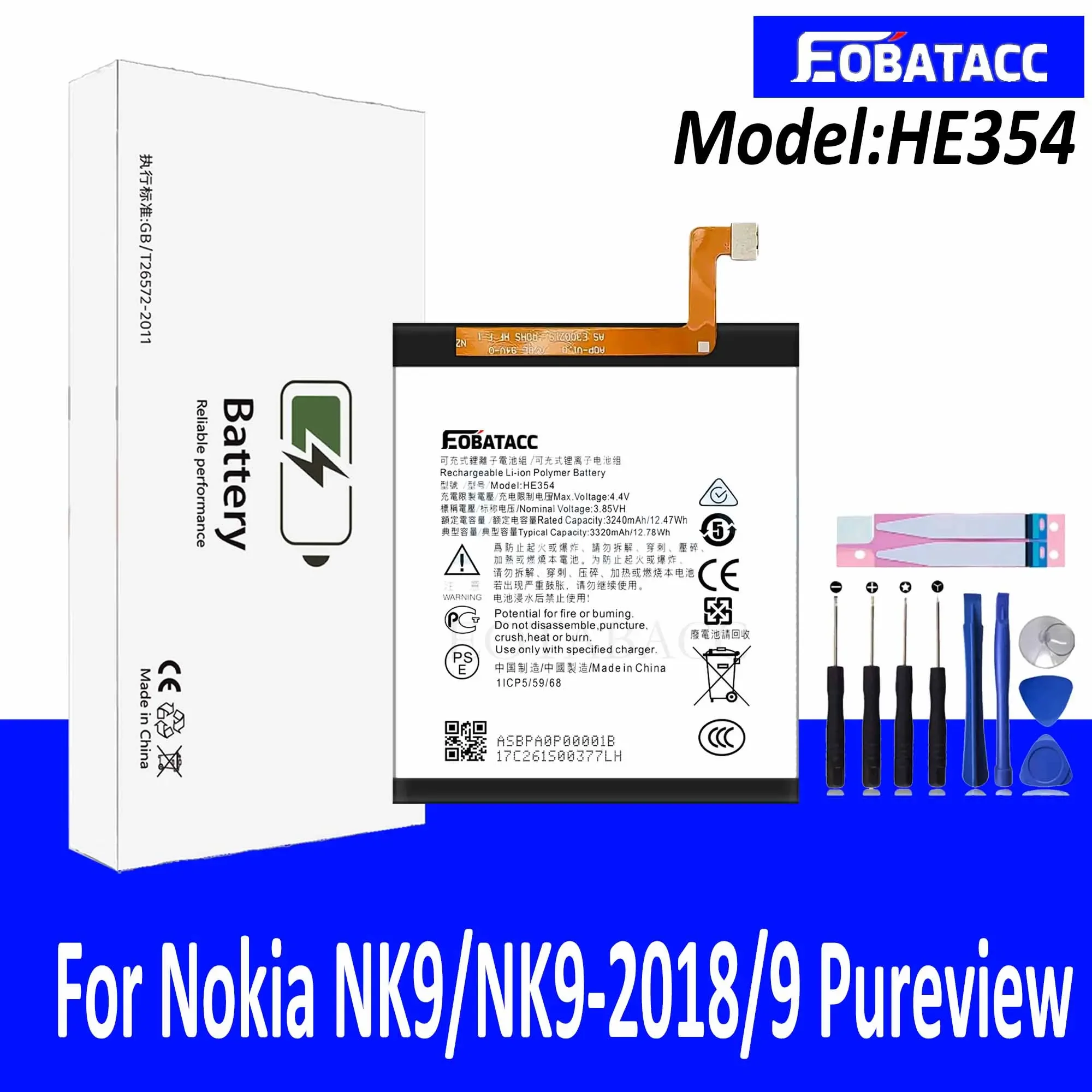 

EOTABACC 100% Original New Replacement Battery HE354 For Nokia NK9/NK9-2018/9 Pureview Phone Battery+Tools 33.88