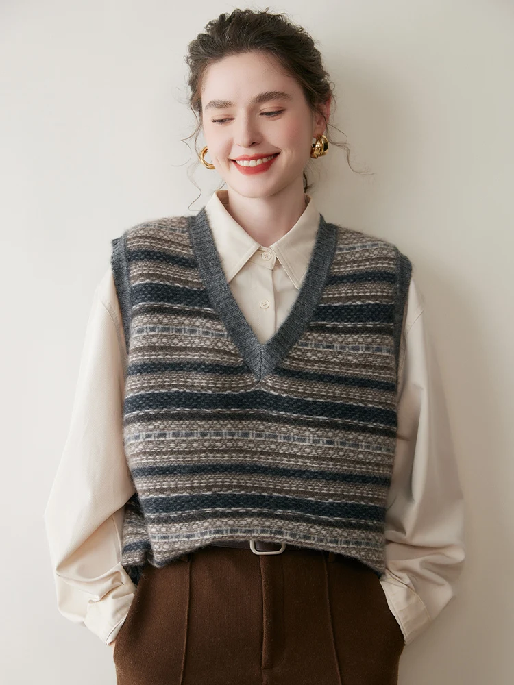 

Yoyoselect Women's 100% Cashmere Waistcoat Faire Isle Sleeveless Knitwear Autumn Winter V Neck Sweater Vest Soft Cashmere Tops