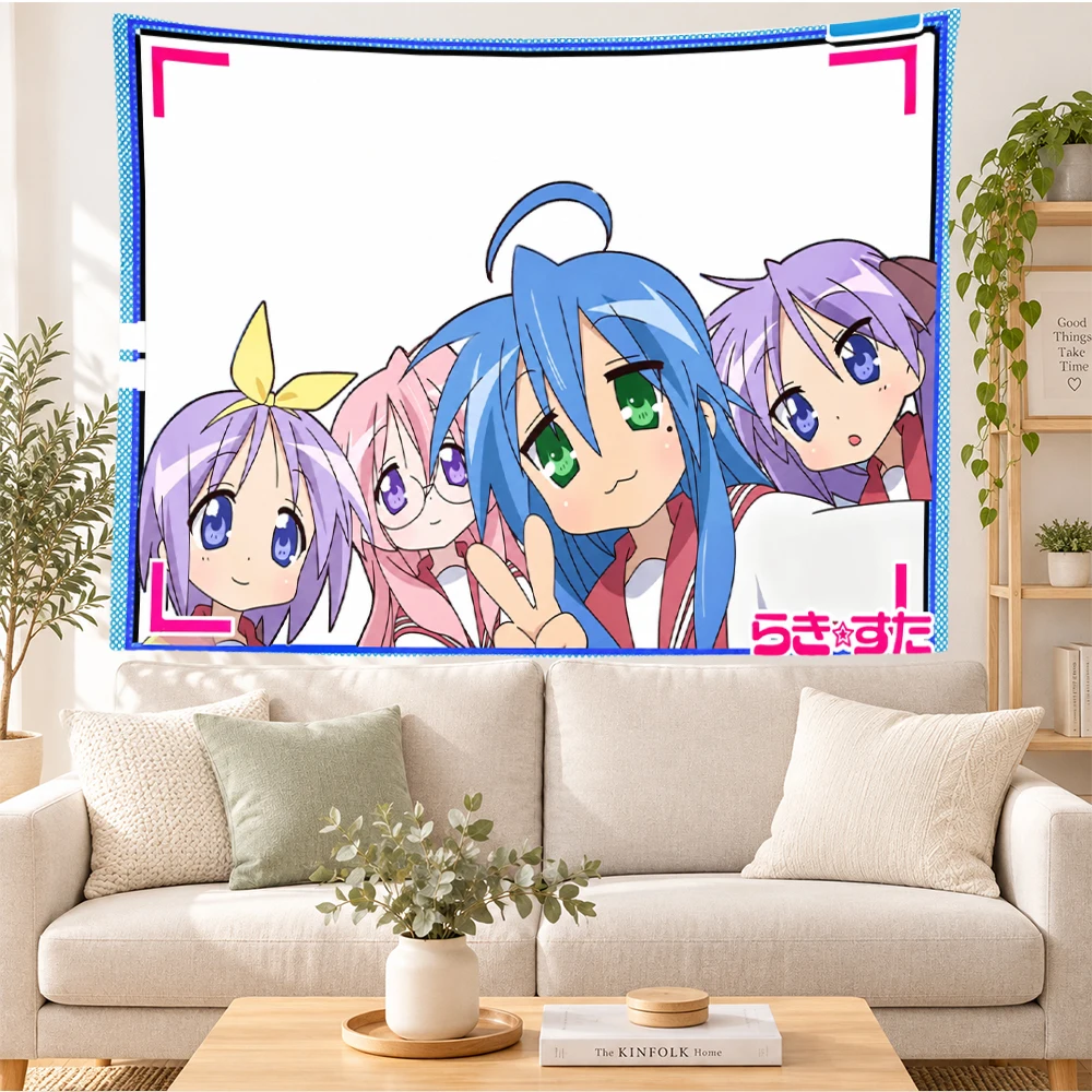 Lucky Star Tapestry Wall Hanging Anime Girls Group Blue Purple Pink Hair School Uniform Art Bedroom Dorm Home Decor Fans Gift