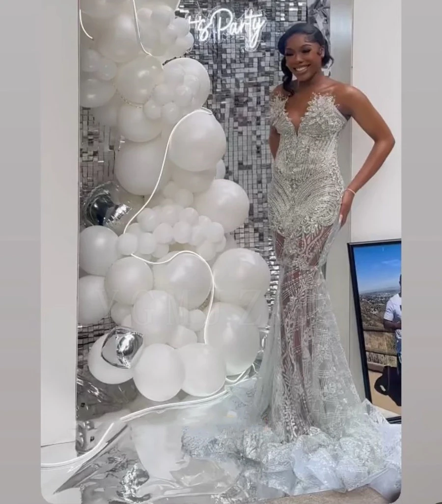 Silver Sparkly Prom Dresses 2027 for Black Girls Luxury Mermaid Rhinestone Beaded Evening Party Gala Gowns Graduation Customized